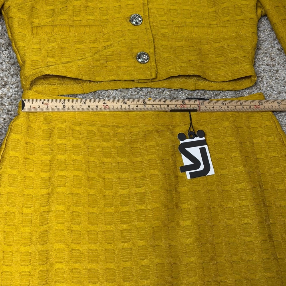 Shane Justin Mustard Yellow Textured Knit Crop Jacket and Mini Skirt Set Small - Picture 6 of 10